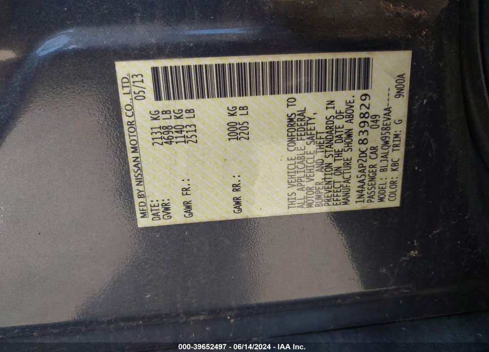 2013 NISSAN MAXIMA 3.5 S VIN: 1N4AA5AP2DC839829