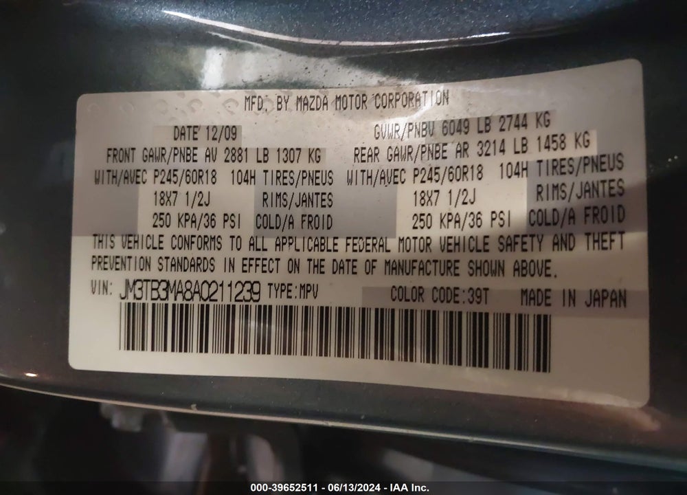 2010 MAZDA CX-9 TOURING VIN: JM3TB3MA8A0211239