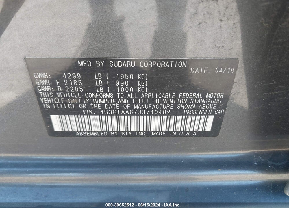 2018 SUBARU IMPREZA 2.0I VIN: 4S3GTAA67J3740482