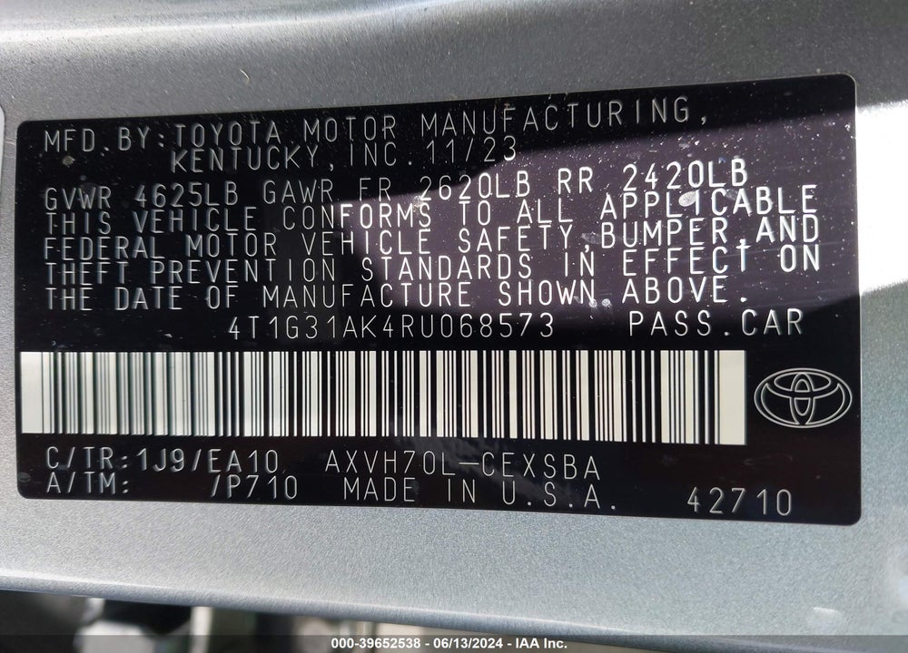 2024 TOYOTA CAMRY HYBRID SE VIN: 4T1G31AK4RU068573