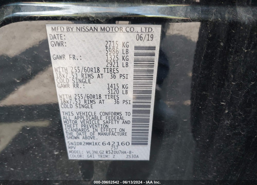 2019 NISSAN PATHFINDER SL VIN: 5N1DR2MM1KC642160