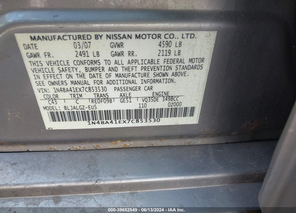 2007 NISSAN MAXIMA 3.5 SL VIN: 1N4BA41EX7C853530