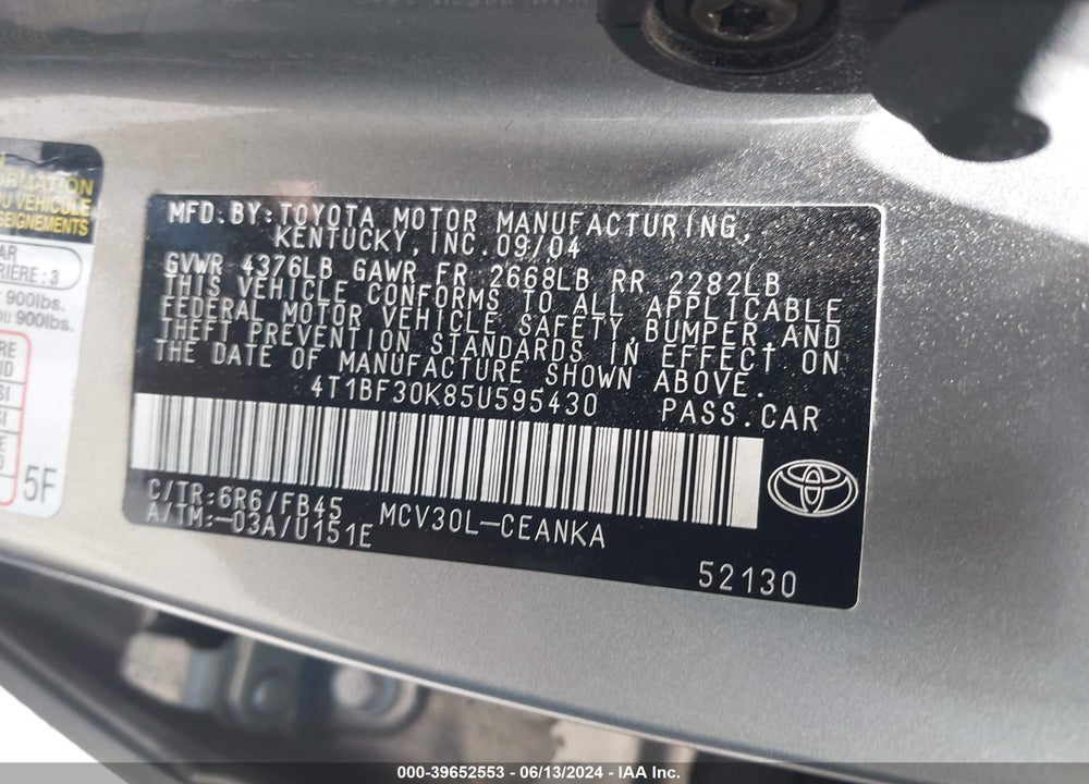2005 TOYOTA CAMRY LE V6 VIN: 4T1BF30K85U595430