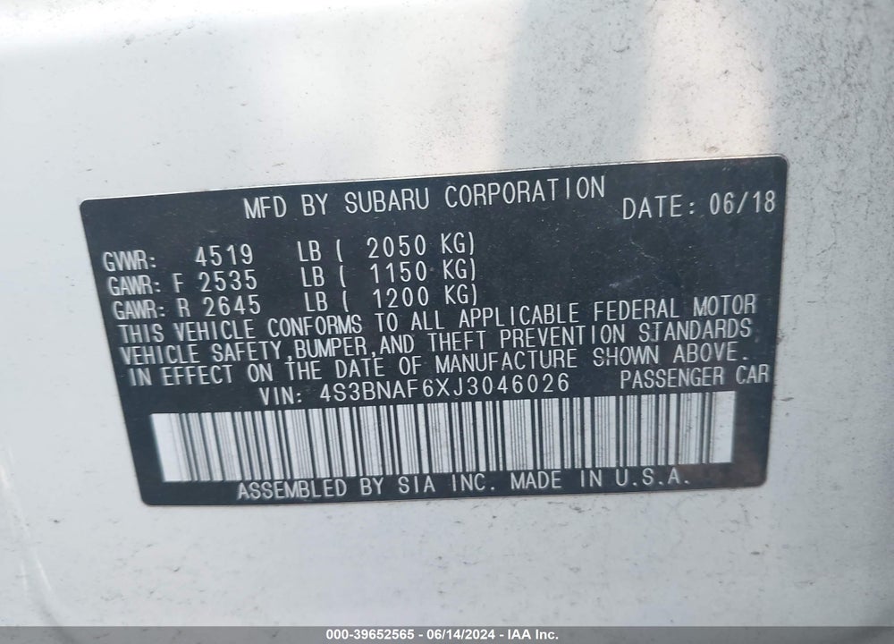2018 SUBARU LEGACY VIN: 4S3BNAF6XJ3046026