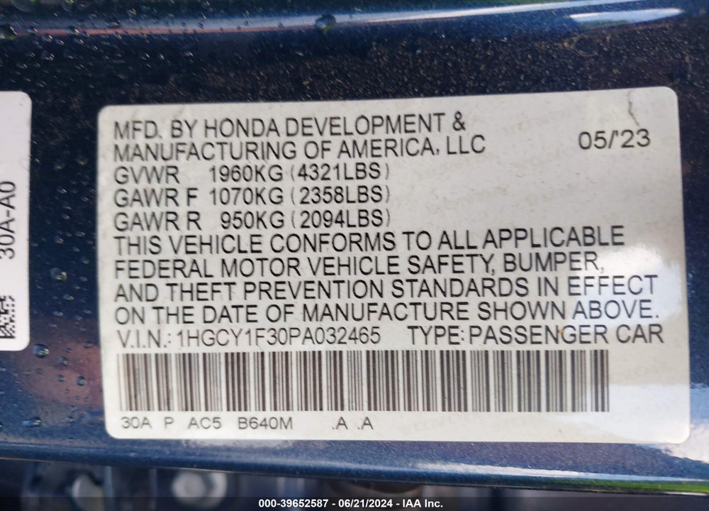 2023 HONDA ACCORD EX VIN: 1HGCY1F30PA032465