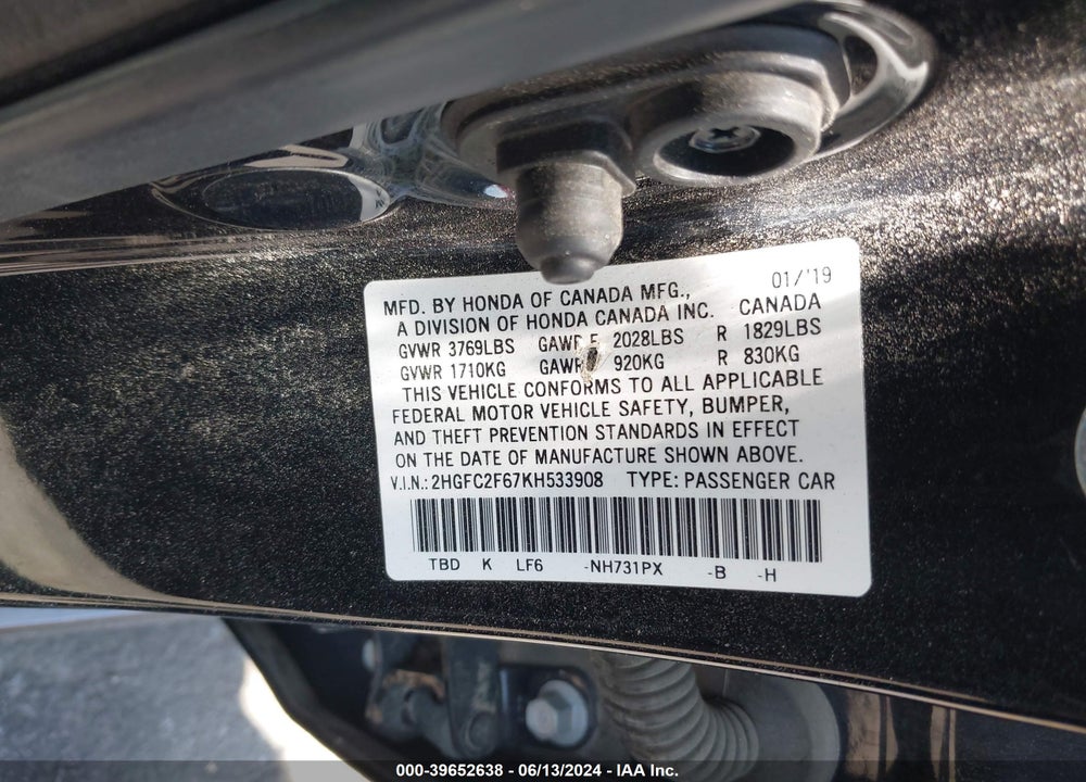 2019 HONDA CIVIC LX VIN: 2HGFC2F67KH533908