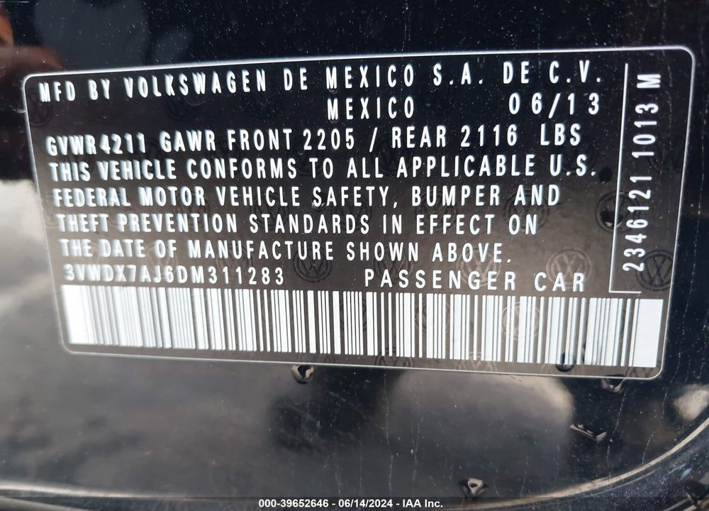2013 VOLKSWAGEN JETTA 2.5L SE VIN: 3VWDX7AJ6DM311283