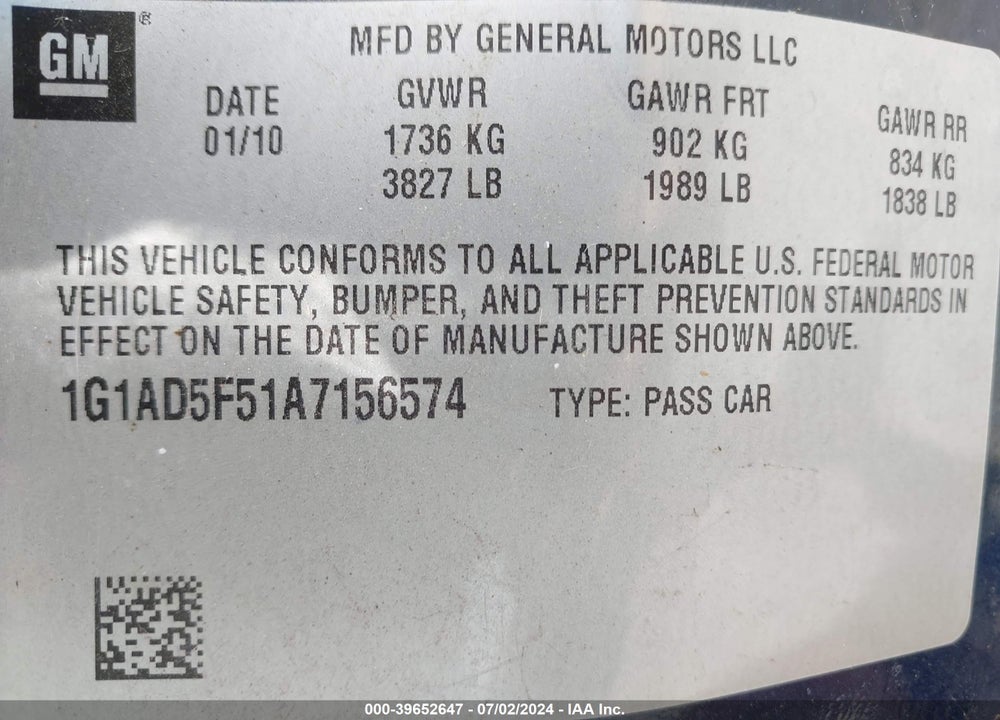 2010 CHEVROLET COBALT LT VIN: 1G1AD5F51A7156574