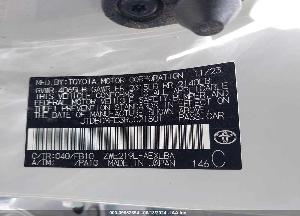2024 TOYOTA COROLLA HYBRID LE VIN: JTDBCMFE3RJ021801