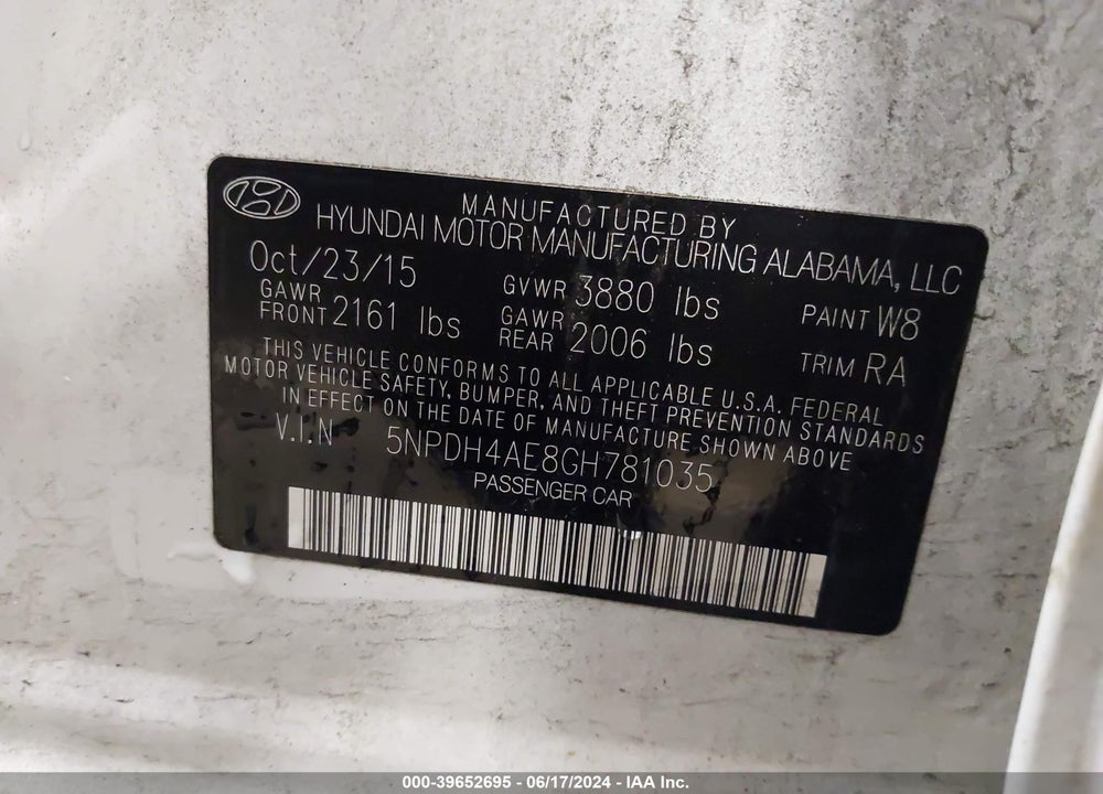 2016 HYUNDAI ELANTRA SE VIN: 5NPDH4AE8GH781035