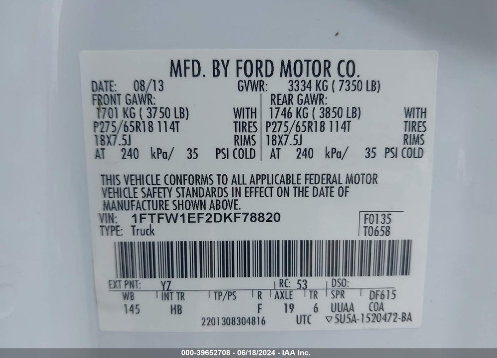 2013 FORD F-150 LARIAT VIN: 1FTFW1EF2DKF78820