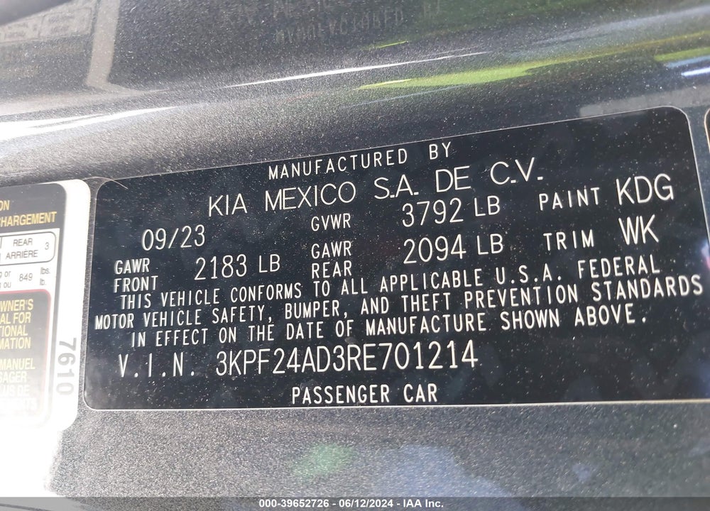 2024 KIA FORTE LXS VIN: 3KPF24AD3RE701214