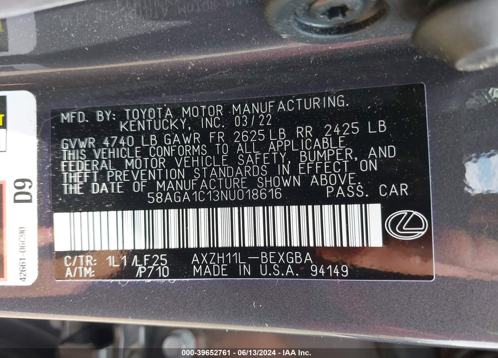 2022 LEXUS ES 300H F-SPORT VIN: 58AGA1C13NU018616