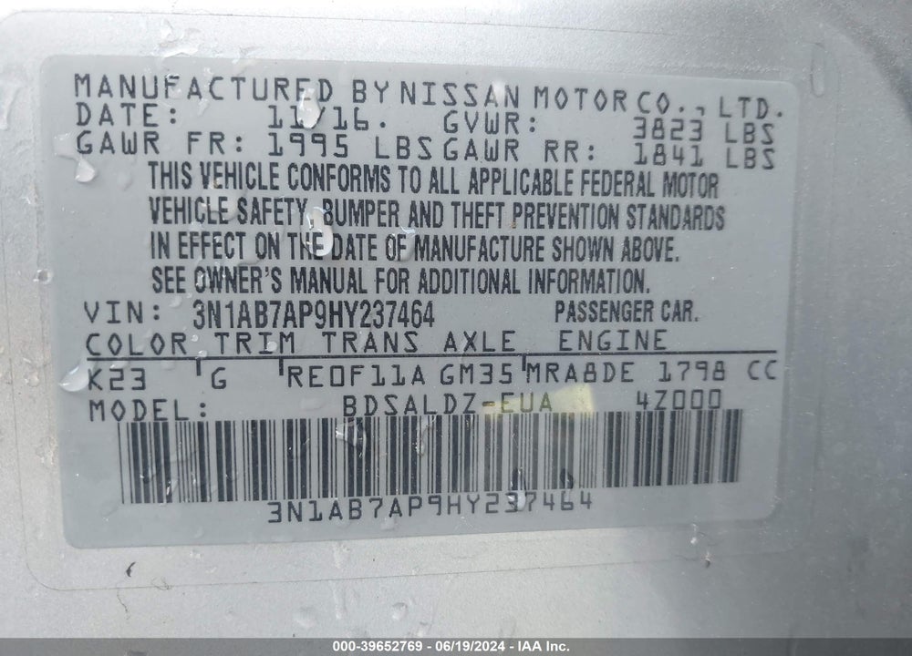 2017 NISSAN SENTRA SV VIN: 3N1AB7AP9HY237464