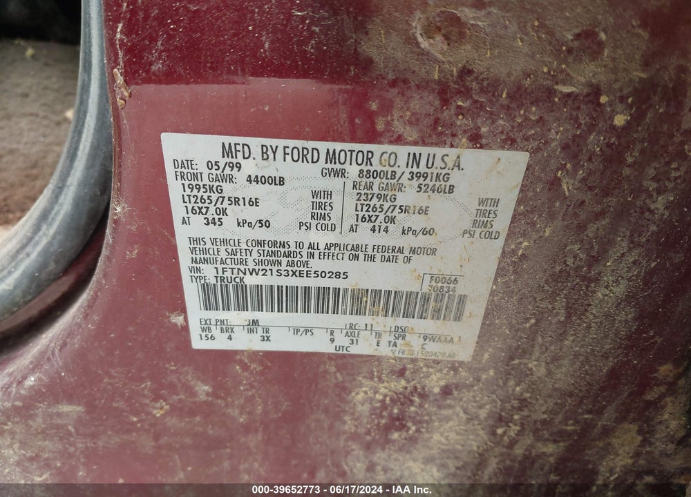 1999 FORD F-250 LARIAT/XL/XLT VIN: 1FTNW21S3XEE50285