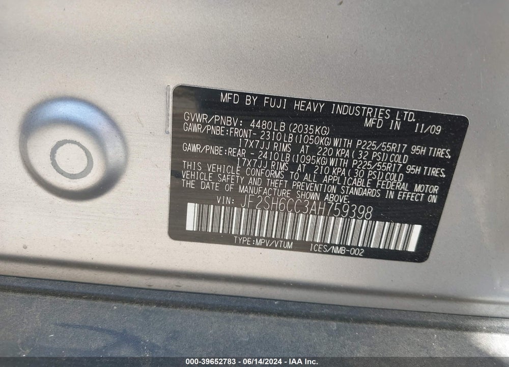2010 SUBARU FORESTER VIN: JF2SH6CC3AH759398