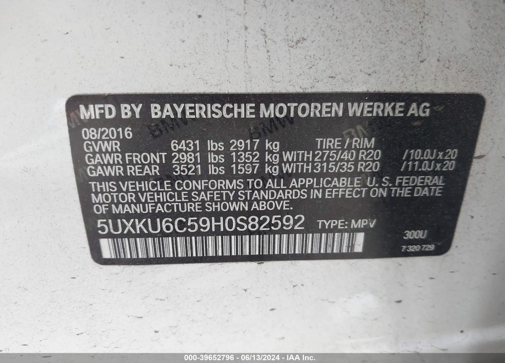 2017 BMW X6 XDRIVE50I VIN: 5UXKU6C59H0S82592