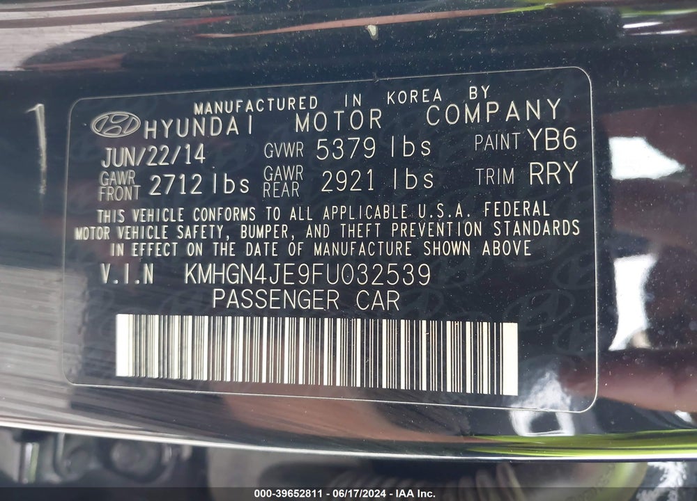 2015 HYUNDAI GENESIS 3.8 VIN: KMHGN4JE9FU032539