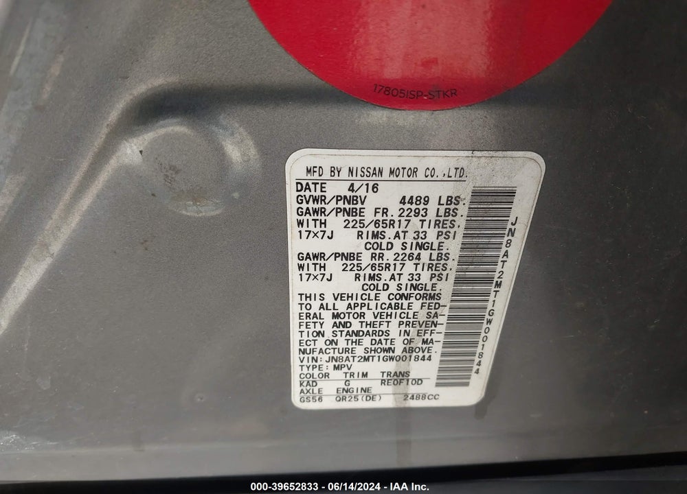 2016 NISSAN ROGUE S VIN: JN8AT2MT1GW001844