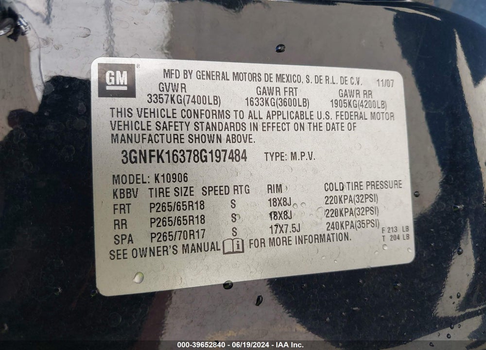 2008 CHEVROLET SUBURBAN 1500 LT VIN: 3GNFK16378G197484