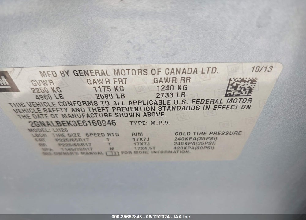 2014 CHEVROLET EQUINOX 1LT VIN: 2GNALBEK3E6160946