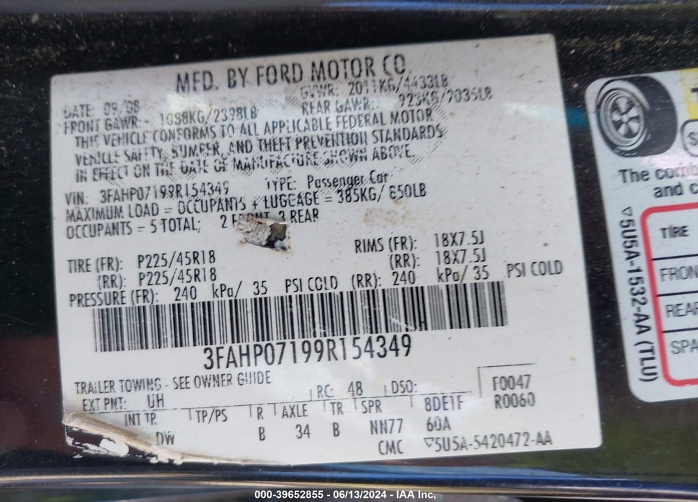 2009 FORD FUSION VIN: 3FAHP07199R154349
