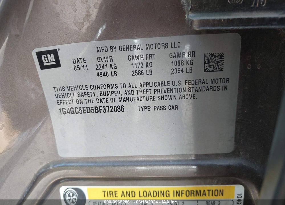 2011 BUICK LACROSSE CXL VIN: 1G4GC5ED5BF372086