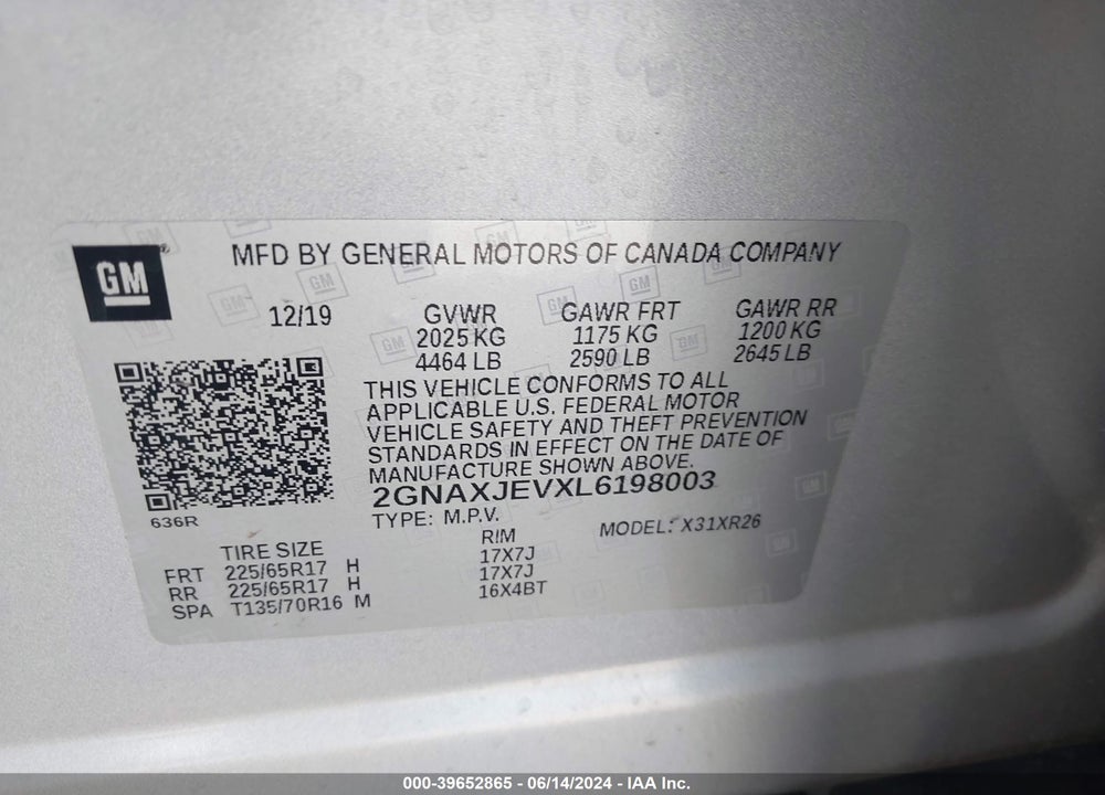 2020 CHEVROLET EQUINOX FWD 2FL VIN: 2GNAXJEVXL6198003