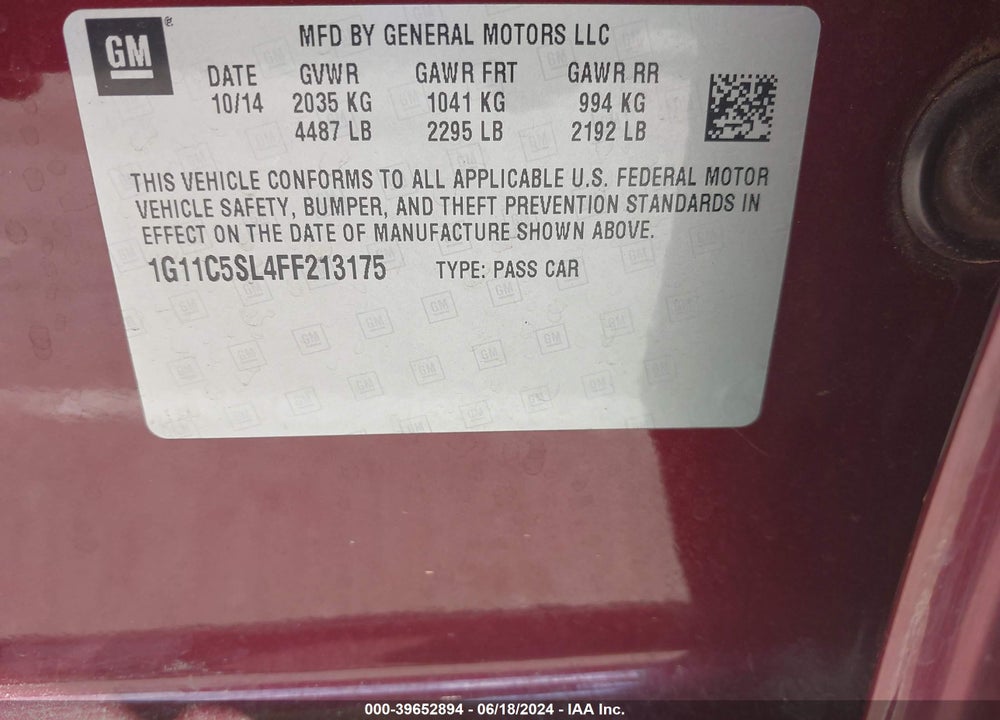 2015 CHEVROLET MALIBU 1LT VIN: 1G11C5SL4FF213175