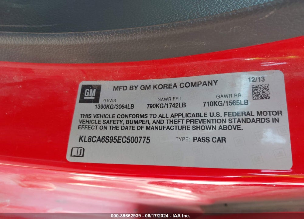 2014 CHEVROLET SPARK LS MANUAL VIN: KL8CA6S95EC500775