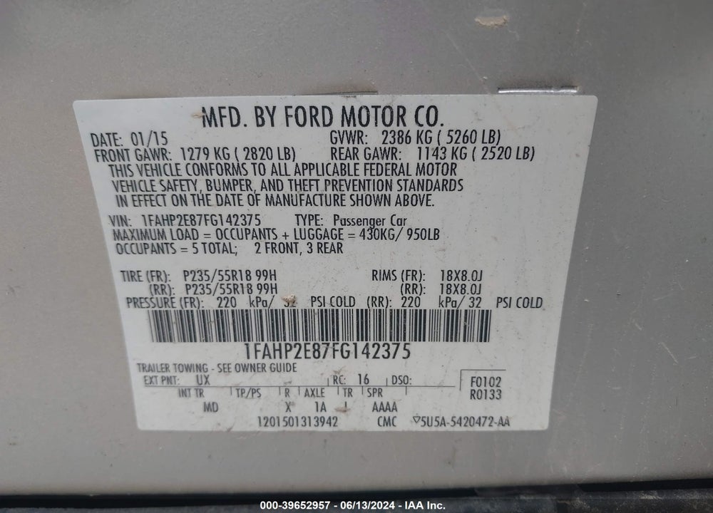 2015 FORD TAURUS SEL VIN: 1FAHP2E87FG142375
