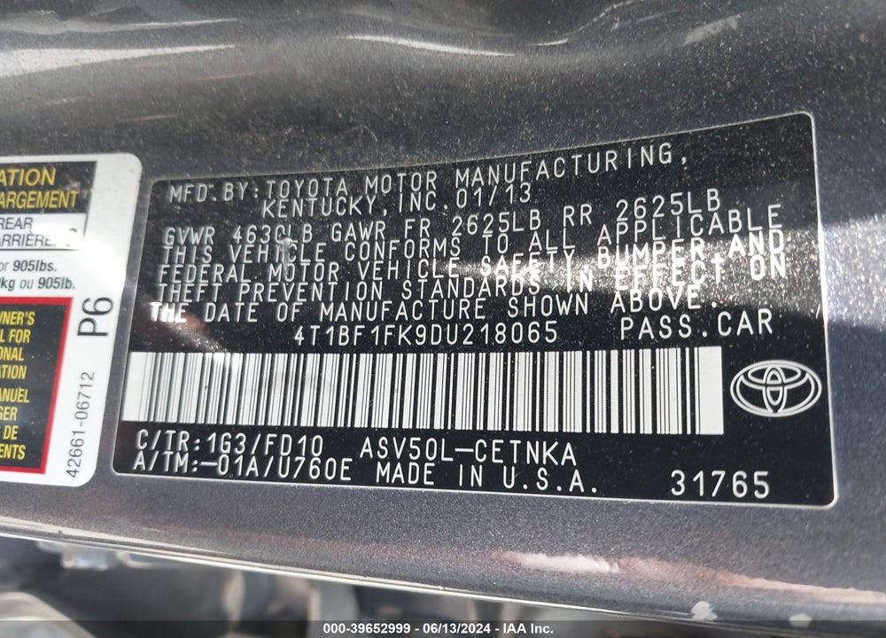 2013 TOYOTA CAMRY LE VIN: 4T1BF1FK9DU218065