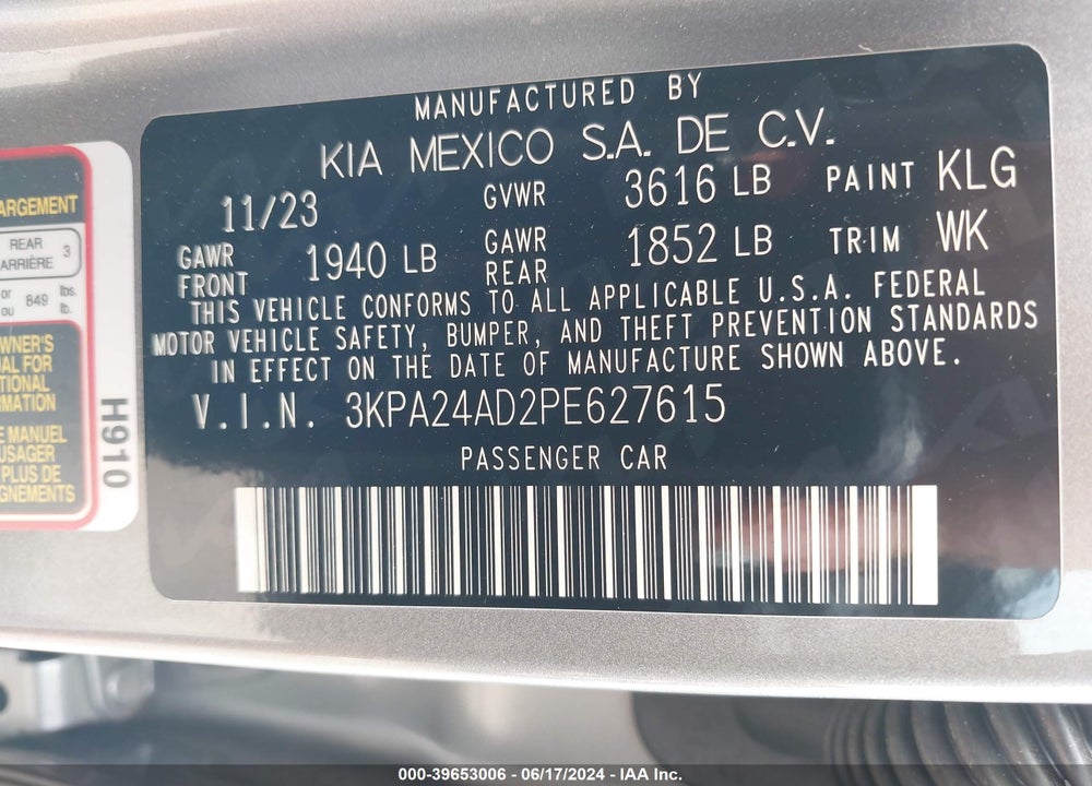 2023 KIA RIO S VIN: 3KPA24AD2PE627615