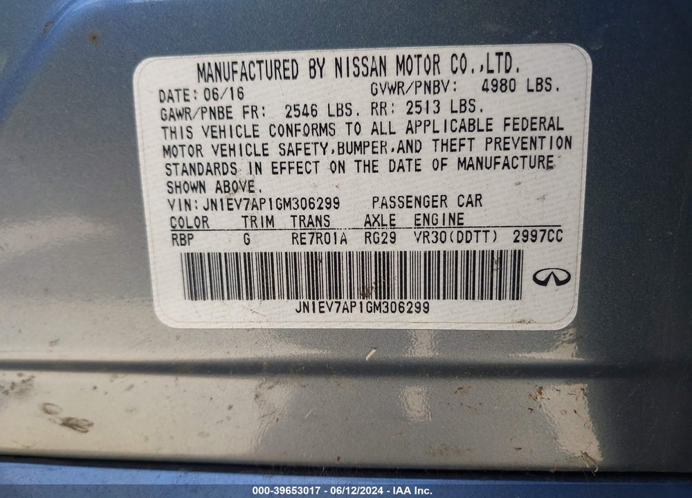 2016 INFINITI Q50 3.0T PREMIUM VIN: JN1EV7AP1GM306299