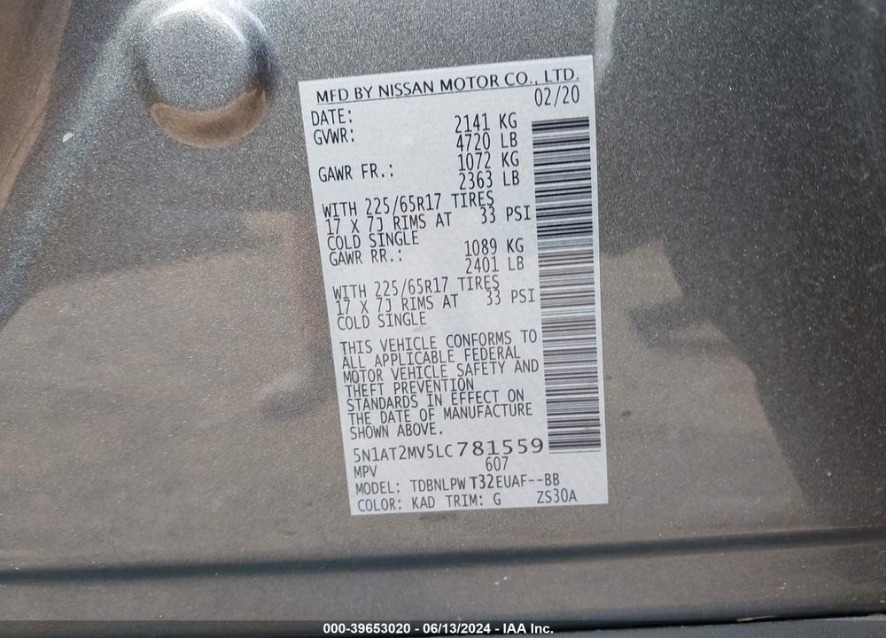 2020 NISSAN ROGUE S INTELLIGENT AWD VIN: 5N1AT2MV5LC781559