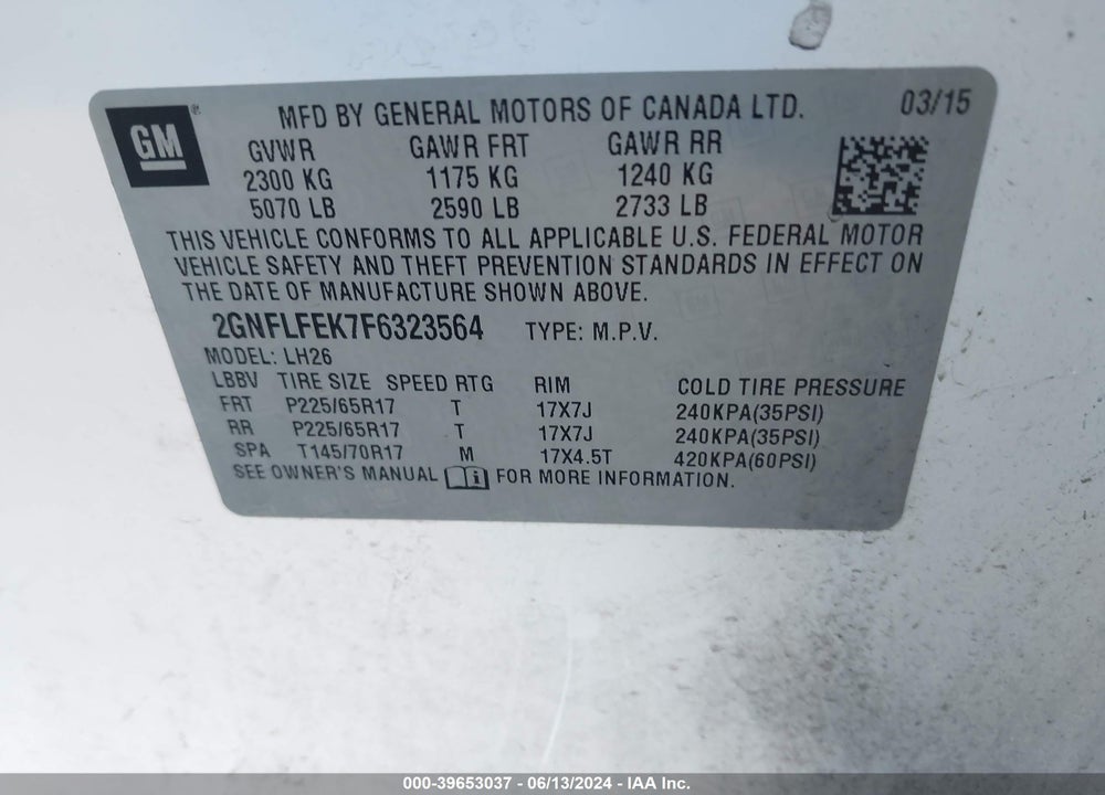 2015 CHEVROLET EQUINOX 1LT VIN: 2GNFLFEK7F6323564