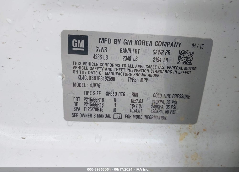 2015 BUICK ENCORE PREMIUM VIN: KL4CJDSB1FB192598
