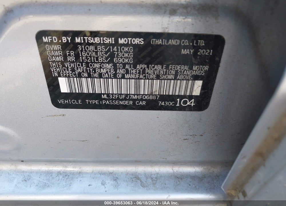 2021 MITSUBISHI MIRAGE G4 CARBONITE EDITION/ES/LE VIN: ML32FUFJ7MHF06887