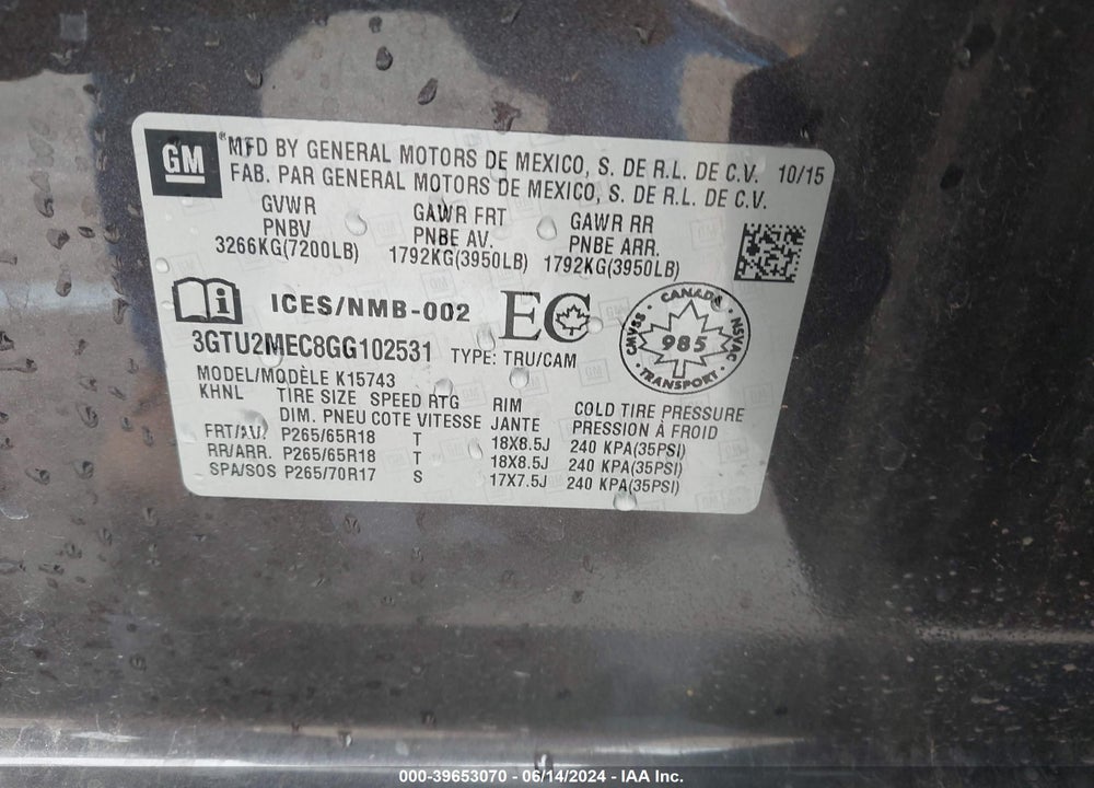 2016 GMC SIERRA 1500 SLE VIN: 3GTU2MEC8GG102531
