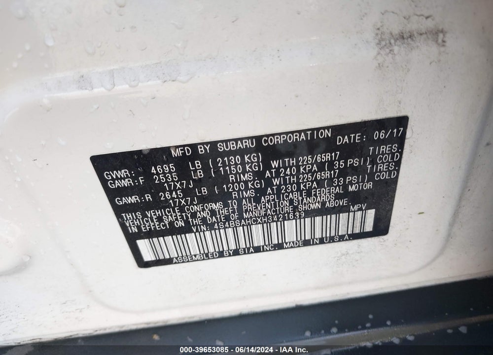 2017 SUBARU OUTBACK 2.5I PREMIUM VIN: 4S4BSAHCXH3421639
