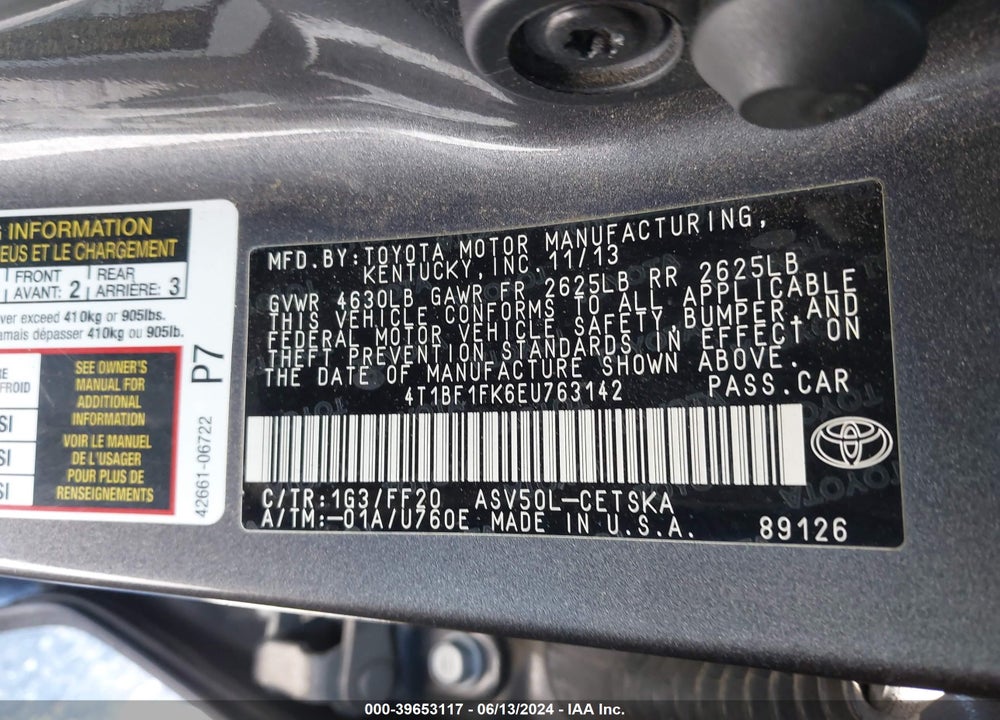 2014 TOYOTA CAMRY SE VIN: 4T1BF1FK6EU763142