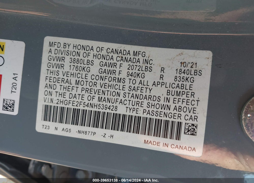 2022 HONDA CIVIC SPORT VIN: 2HGFE2F54NH539428