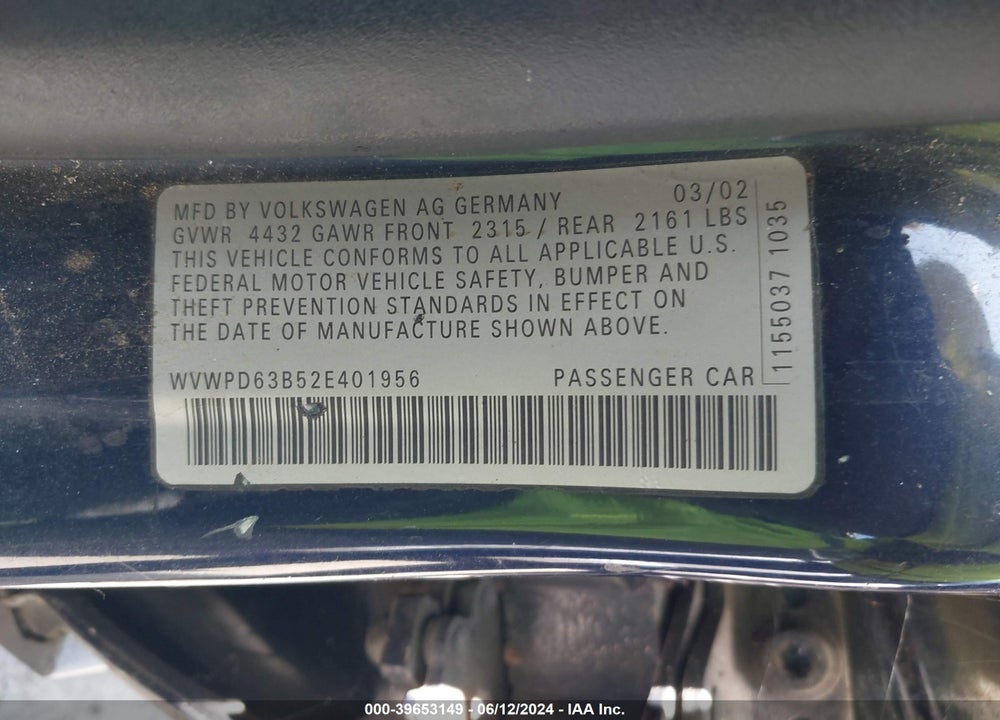 2002 VOLKSWAGEN PASSAT GLS VIN: WVWPD63B52E401956