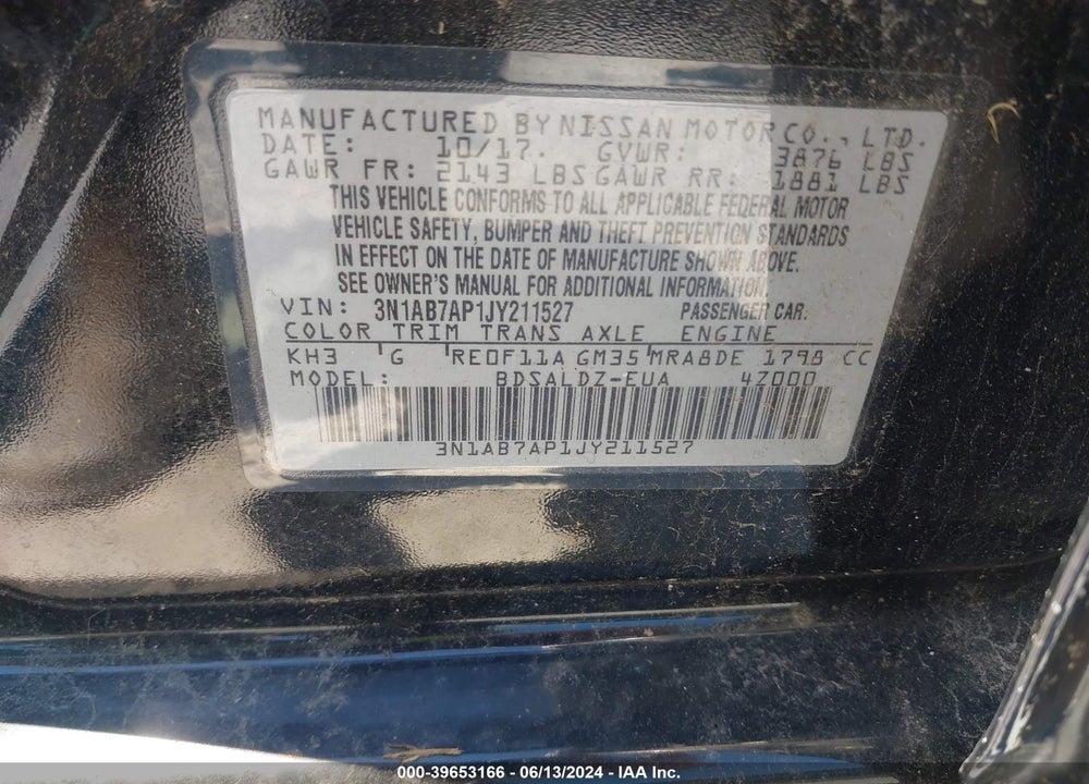 2018 NISSAN SENTRA SV VIN: 3N1AB7AP1JY211527
