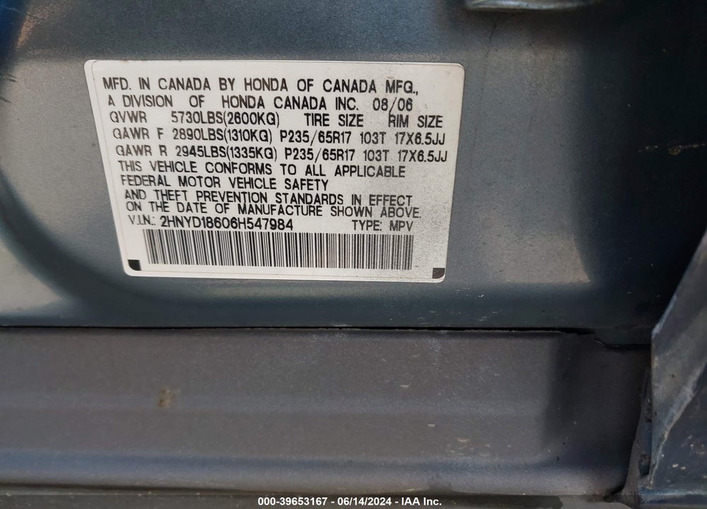 2006 ACURA MDX VIN: 2HNYD18606H547984