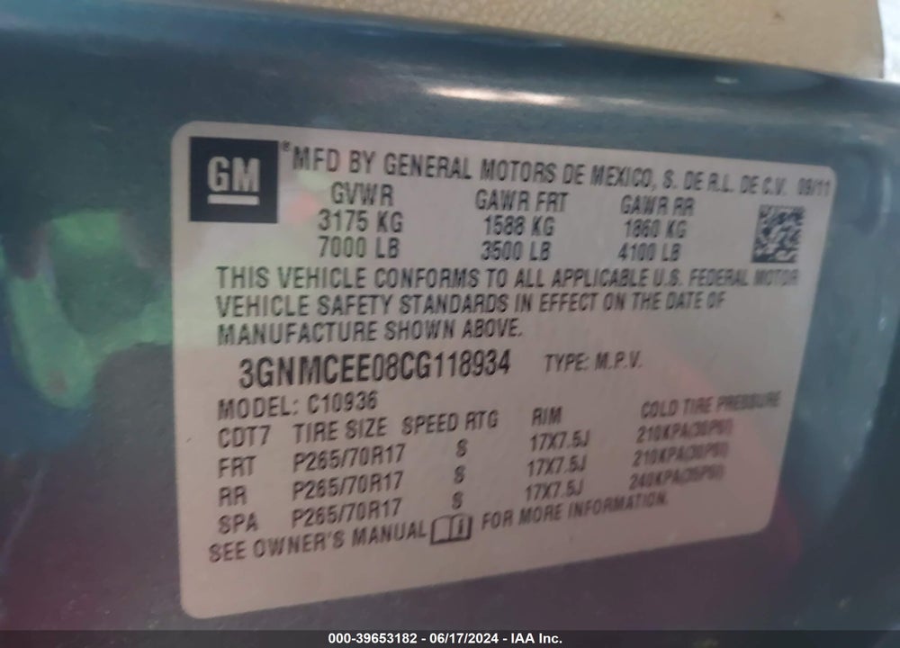 2012 CHEVROLET AVALANCHE 1500 LS VIN: 3GNMCEE08CG118934