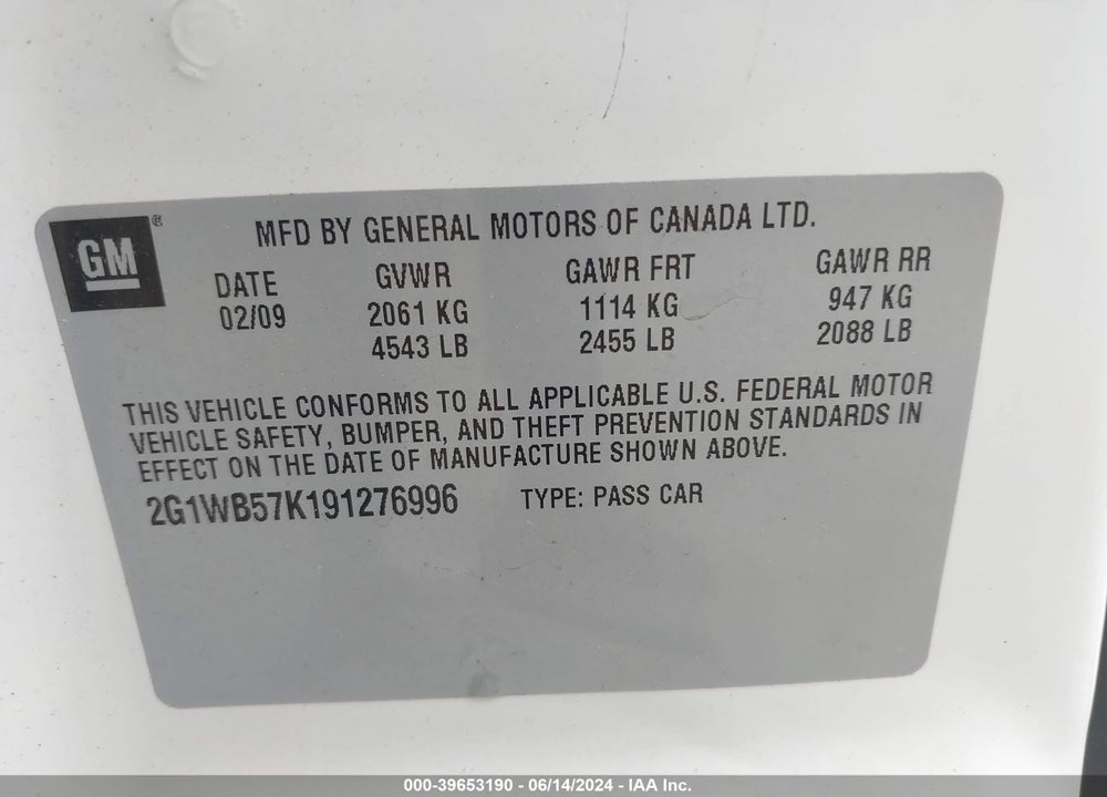 2009 CHEVROLET IMPALA LS VIN: 2G1WB57K191276996