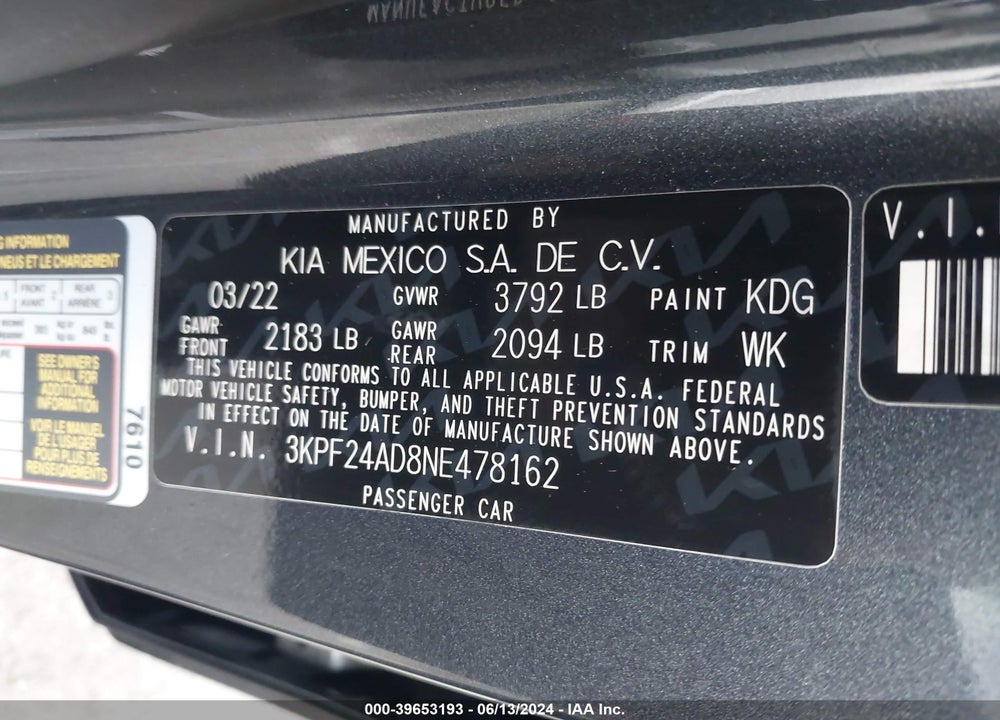 2022 KIA FORTE LXS VIN: 3KPF24AD8NE478162