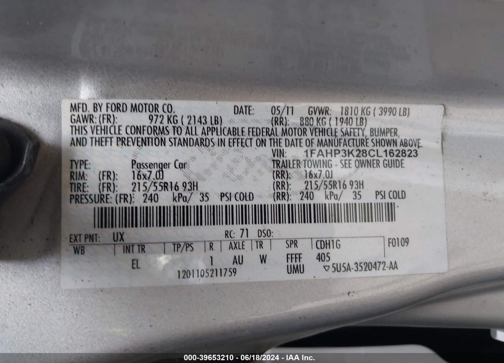 2012 FORD FOCUS SE VIN: 1FAHP3K28CL162823