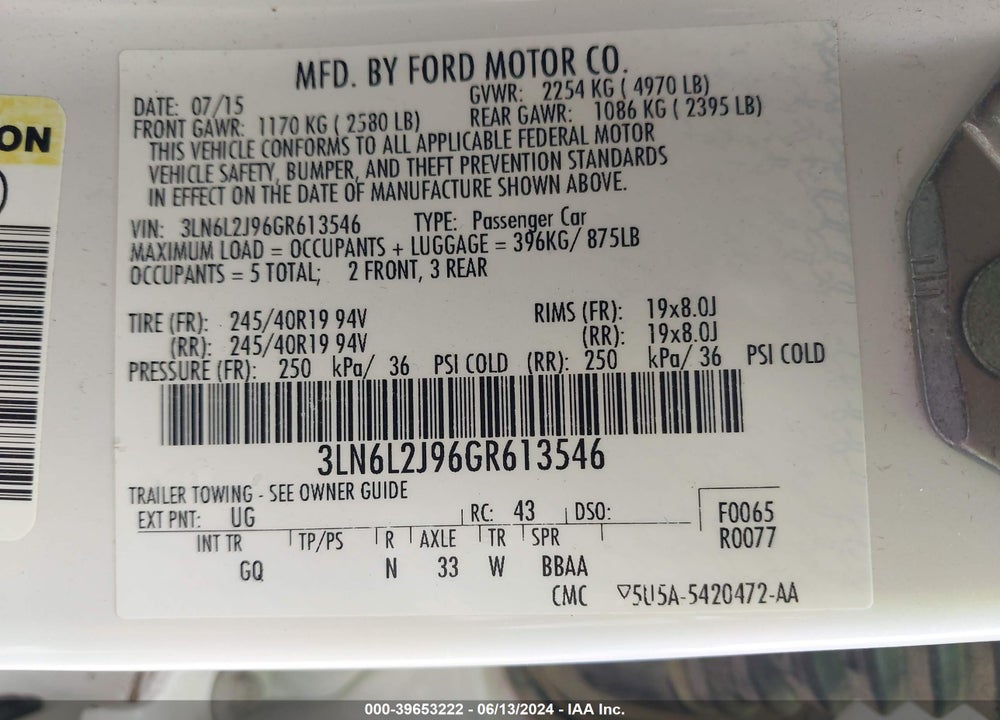 2016 LINCOLN MKZ VIN: 3LN6L2J96GR613546